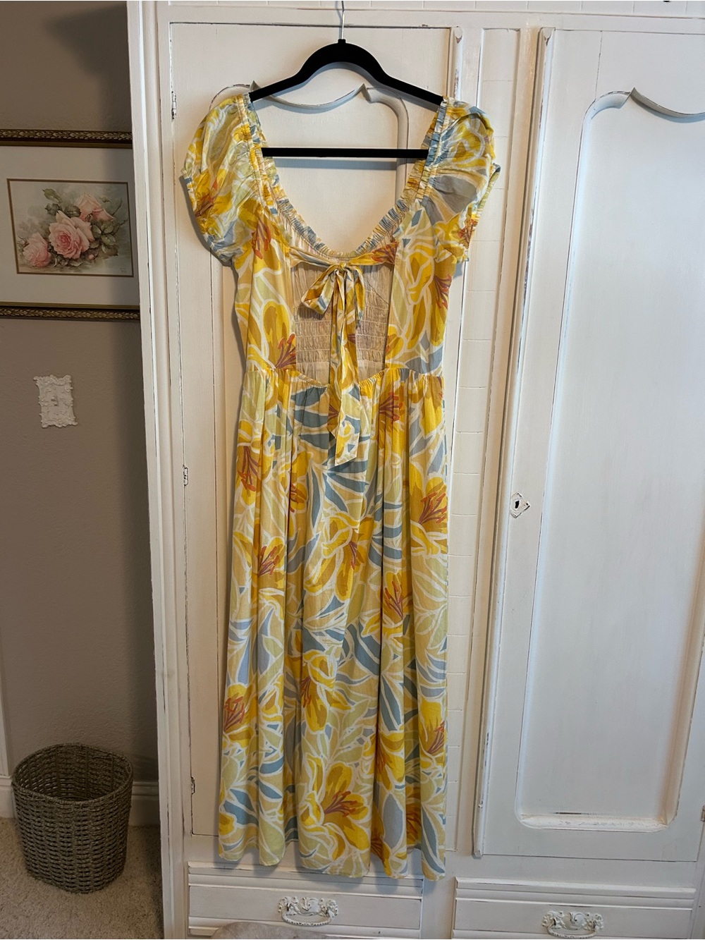 Bila Golden Yellow Floral Smocked dress with Blue Accents and open tie back
